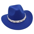 Detail of royal blue fedora hat featuring white leather band with pearls and metal studs - Sapphire Blue