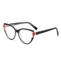 Cat eye blue light blocking glasses with black and clear frames shown at 45-degree angle - C1 Black Red White