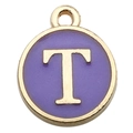 Golden round pendant with purple enamel and uppercase letter T for DIY jewelry - Letter T Pendant Only (Without Chain) / 1 Piece (12x14mm) / Purple