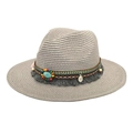 Vintage straw jazz fedora hat with turquoise beads and bohemian braided tassels - Light Gray
