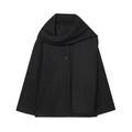 Close-up of black wool coat featuring a unique scarf collar design on a white background - XS / Black