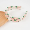 Handmade crochet headband with white base and pink flowers in a rustic garden style - Pink and Green