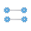Pair of sky blue daisy flower nipple rings with silver stainless steel straight bars - Blue Daisy Pair