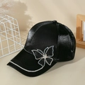 Close-up of black velvet baseball cap featuring rhinestone butterfly and brim details - Adjustable / Black (23MZ043A)