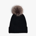 Classic black ribbed knit beanie with a large fluffy brown pom-pom for winter warmth - Adult Size (56-60cm) / Black