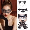Lace cat ear headband and mask set with choker and gloves for Halloween party costumes - 017 Black Set (Include Headband/Mask/Gloves/Choker)