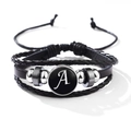 Bracciale multistrato in pelle intrecciata con ciondolo lettera A argento regolabile - Lettera-A