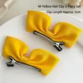 Set of 2 yellow bow hair clips with silk texture and silver 5cm duckbill metal base - Yellow Fabric Bow Hair Clip Pair