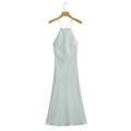Elegantes mintgrünes Satin-Maxikleid mit Neckholder und seidigem Finish am Holzbügel - XS / Azurblau