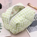 Quilted travel makeup bag with green gingham pattern and red cherry print lining - Green Checkered