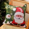 Christmas pillow cover with Santa and Snowman patterns on dark green woven fabric - Type D - Pillowcase (No Insert)