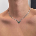 Silver V-shaped titanium snake chain necklace with green malachite inlay for women - Silver-Green V