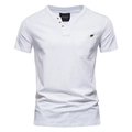 White cotton short sleeve Henley shirt for men with classic three-button neck and chest pocket - White