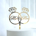 Gold acrylic Mr & Mrs wedding cake topper with double ring design on white background - Gold Double Diamond Ring Proposal MR&MRS