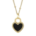 Elegant gold heart pendant necklace featuring black enamel inlay and ribbed texture - Ribbed Frame Black Heart Inlay Style (KN235273-Z)