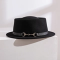 Elegant black wool felt flat brim fedora hat with gold metal horsebit leather band - Adjustable / Black