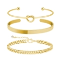 Three-piece gold plated stainless steel bracelet set featuring heart knot and chain designs - Gold Knot Open Bangle 3-Piece Set