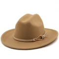 Detail of camel wool fedora hat featuring a slim leather band and golden metal buckle - M(56-58cm) / Camel