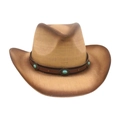 Vintage brown woven cowboy hat with turquoise accents and metallic studs for western style - Beige & Coffee (Blue Turquoise)