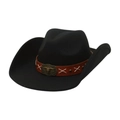 Classic black wool cowboy hat with brown leather band and vintage bull head buckle - One Size / Black (Brown Bull Head Band)