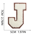 Detail of 7cm chenille letter J patch in cream white with brown border and dimensions - Letter J