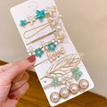 8-piece set of gold rhinestone pearl hair clips with heart and floral designs - Leaf 8-piece Set