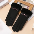 Gants d'hiver noirs pour femme avec broderie chat rose et revers en peluche douce - Taille unique / Cœur-Noir (Double Épais)
