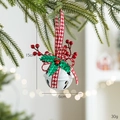 Christmas bell ornament with red houndstooth bow and green holly leaves on tree - Round with Bells / White
