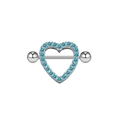 Close-up of heart-shaped stainless steel nipple ring with blue rhinestones and barbell - #12 Heart Blue Gem