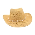 Cappello da cowboy in paglia beige naturale con nastro decorativo a perline a cuore - Beige (Perline a Cuore Bianche)