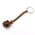Handwoven tiger eye stone keychain with brown net bag and natural wood bead - Tiger Eye + Brown Mesh Keychain