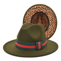 Chapeau fedora vert olive avec ruban rayé rouge-vert et doublure léopard - M (56-58cm) / Vert Militaire
