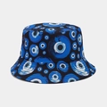 Detailed view of bucket hat featuring black fabric and vibrant evil eye patterns - M (56-58cm) / Black