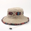 Detail of beige cotton bucket hat featuring ethnic embroidery and adjustable wind rope - L (58-60cm) / Flower-Dark Khaki