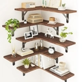 Five-piece L-shaped floating corner shelves in dark walnut wood with black metal brackets - 5 Pieces Set / Burned Wood Color