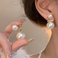 Elegant S925 silver double pearl drop earrings with high-luster finish and gold connection - Ear Jacket Pearl Earrings - A1583 Gold