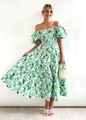 Detail of green floral puff sleeve dress with tiered skirt and off-shoulder design - Yellow-Green Leaves