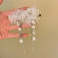 Boucles d'oreilles en argent avec pompons en plumes, perles et cristaux au design élégant - Argenté