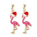 Detail of flamingo earrings wearing Christmas hats with pink enamel and gold alloy finish - Unicorn & Sweets