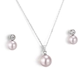 Silver jewelry set featuring pink shell pearl necklace and matching stud earrings with crystals - Pink Pearl Style (KS132777-Z)