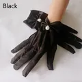 Elegant black short satin bridal gloves with a single pearl accent for weddings - Black Satin Large Pearl (ST029-Satin Black)