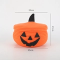 Orange pumpkin cotton rope storage basket with black lid for Halloween decor, 25cm size - Medium (25x25x17cm)