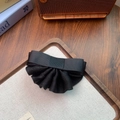 Elegant large black satin bow hair clip for girls on vintage wooden tray display - Satin Ruffle Bow / Black