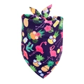 Detail of purple pet bandana with tropical flamingo, pineapple and cactus prints - Pineapple Flamingo