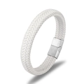 Men's minimalist white braided leather bracelet with a polished silver stainless steel clasp - White Leather/Silver Clasp