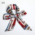 S25 silk twilly scarf with red and blue chain print tied in a neat bow knot - S25-Red Blue Gold Belt Geometric