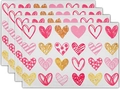 Close-up of four linen placemats with romantic heart patterns for Valentine's table decor - Linen / Glitter Line Heart Style (8)