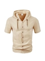 Men's loose linen-feel hooded short sleeve shirt in light beige color, cotton fabric - S / Khaki