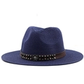 Classic navy straw cowboy hat with brown leather rivet band and vintage metal emblem - M (56-58cm) / Navy Blue