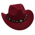 Close-up of burgundy felt cowboy hat with turquoise stone and silver stud accents - Kids One Size (54cm) / Burgundy Cowboy (Turquoise)